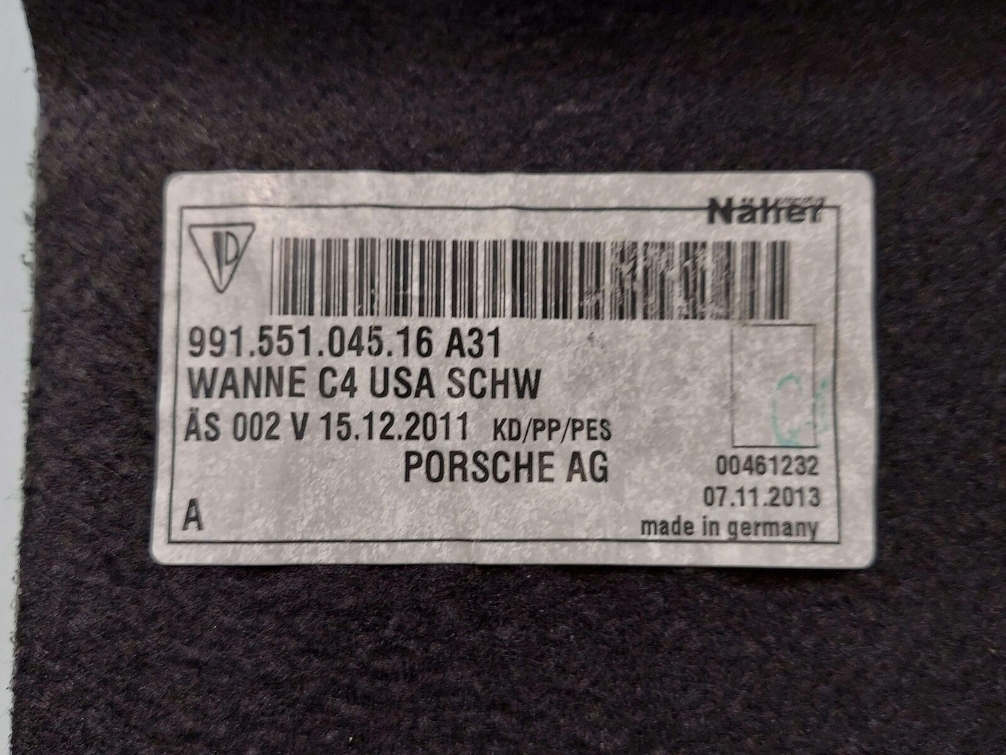 2014 PORSCHE 911 991 GT3 FRONT REARWARD TRUNK FRUNK CARPET LINER BLACK