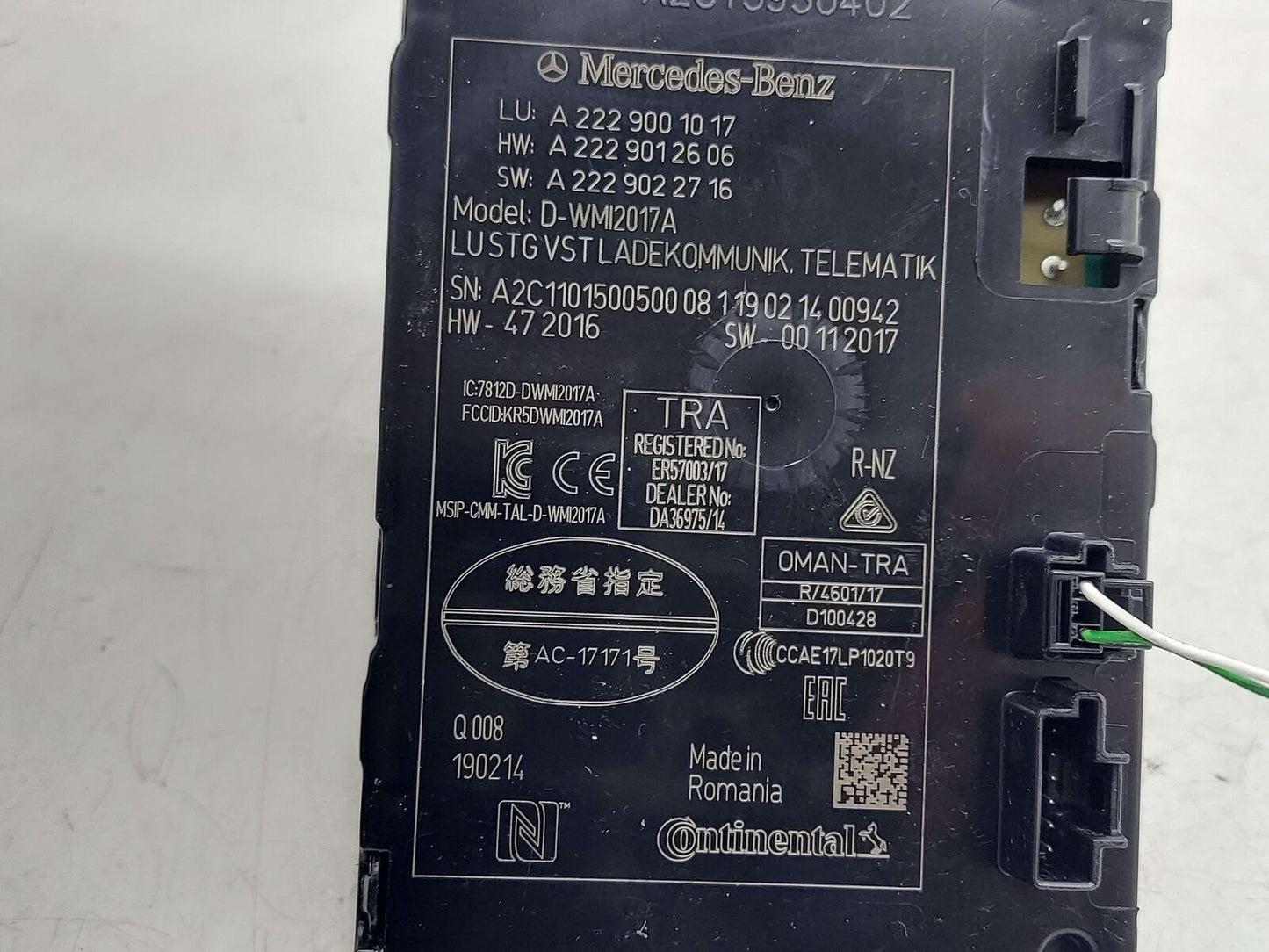 2019 MERCEDES S560 W222 WIRELESS PHONE CHARGING CONTROL MODULE A2229012606