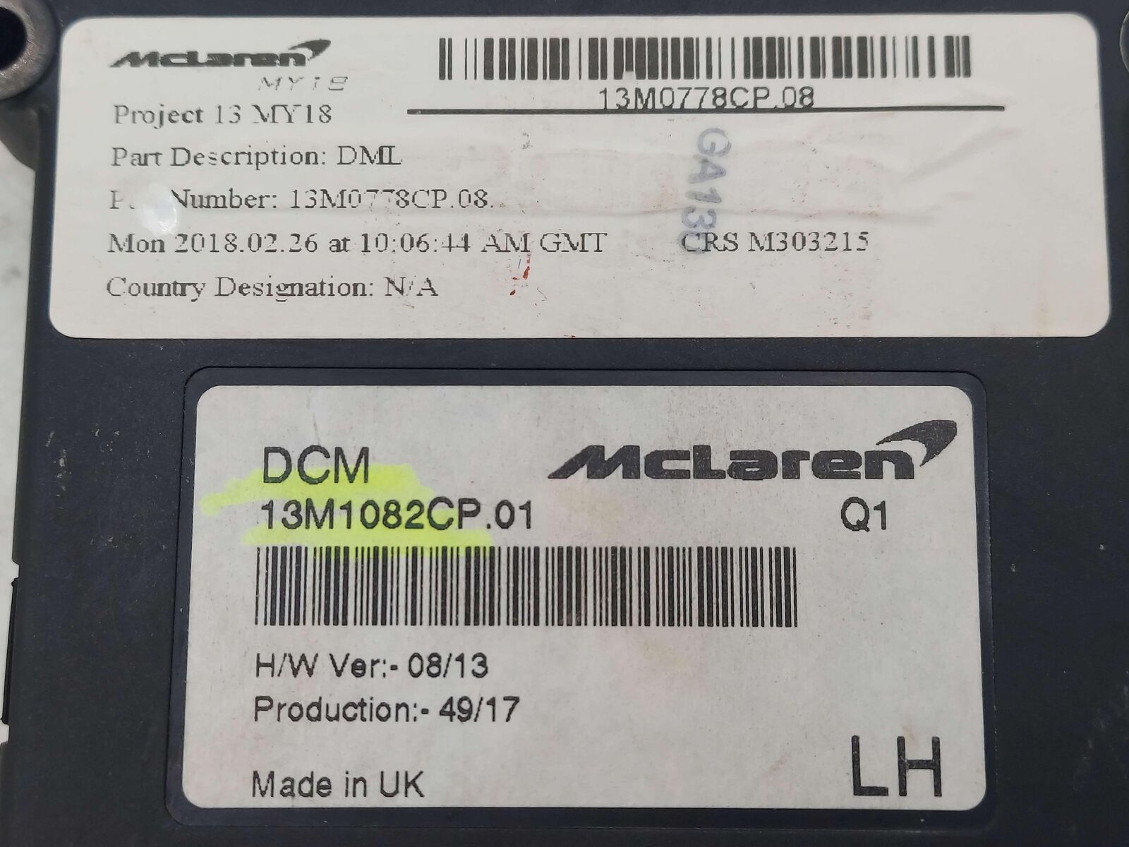 2018 Mclaren 570s LH Left Door Control Module 13M0778CP *parts Only! Flooded