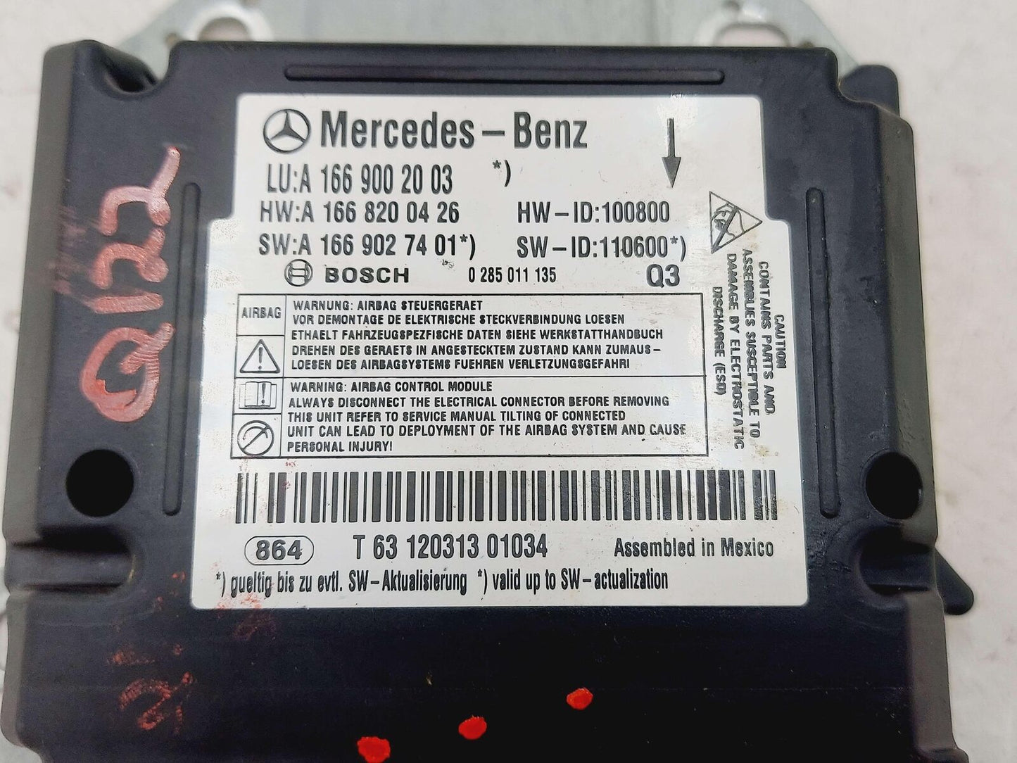 12-13 MERCEDES ML63 AMG W166 CRASH CONTROL MODULE A1669002003 *GOOD MODULE*