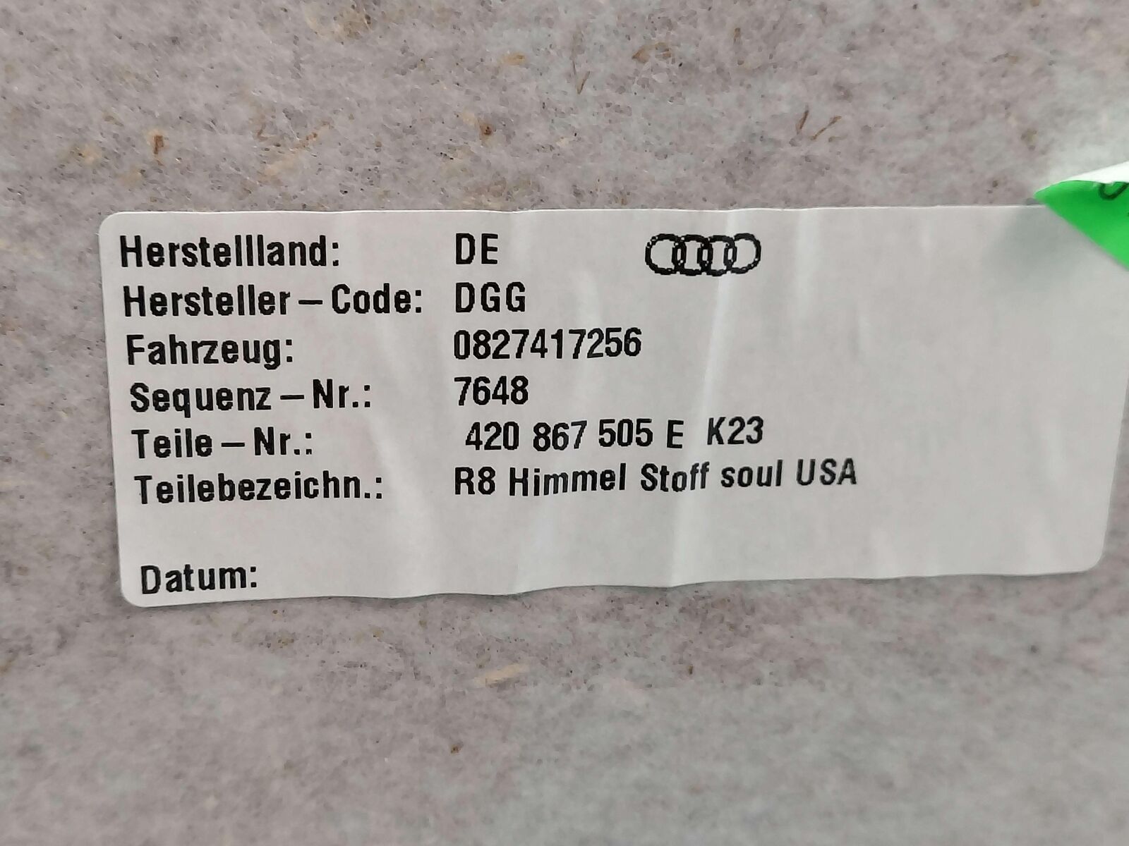 2009 Audi R8 Roof Headliner Black 420867505E