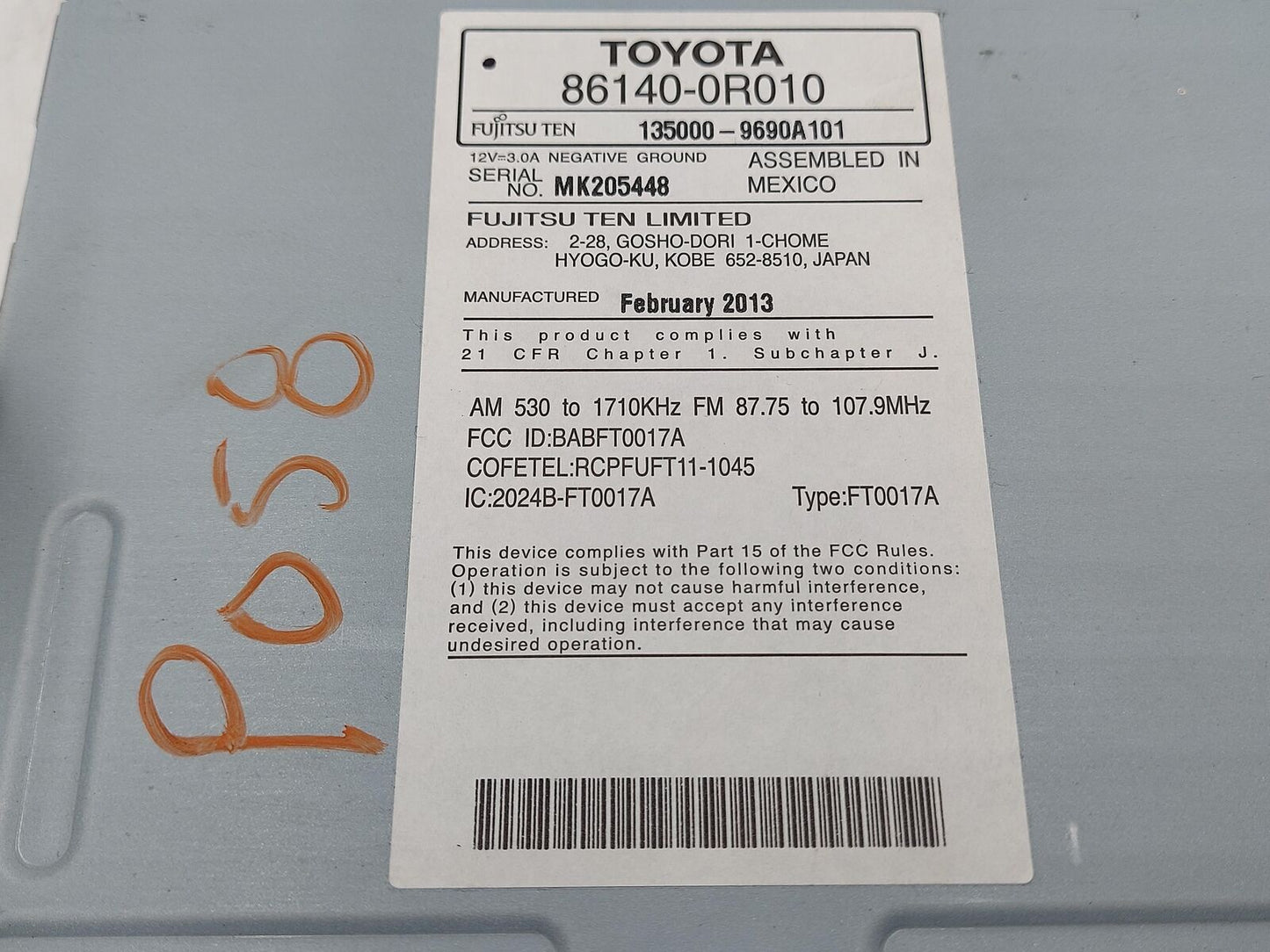 13 14 TOYOTA RAV-4 Radio Receiver 100071 On Face 86140-0R010